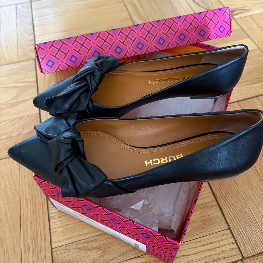 Tory Burch Black Bow Flats in Napa Leather - Barely Worn with Original Box